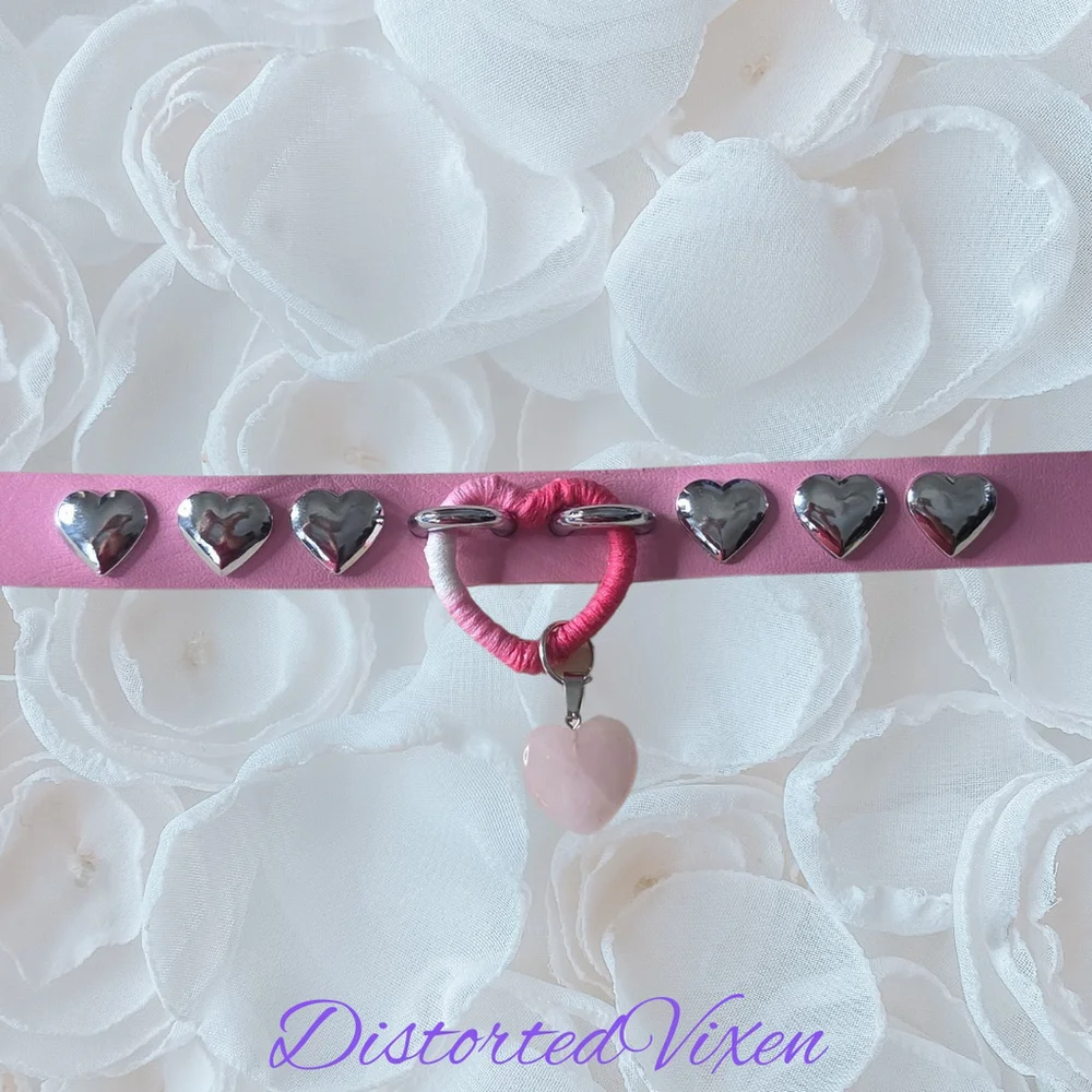 Pink Wrapped Heart Choker – Rose Quartz Charm Collar, Studded Gothic Necklace